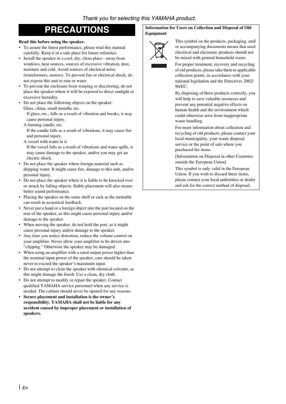 English, Precautions | Yamaha NS-B310 User Manual | Page 2 / 36