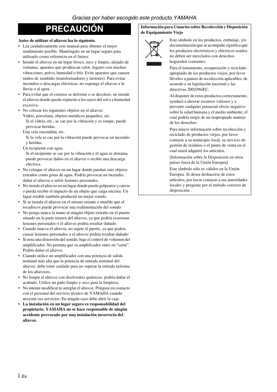 Español, Precaución | Yamaha NS-B310 User Manual | Page 20 / 36