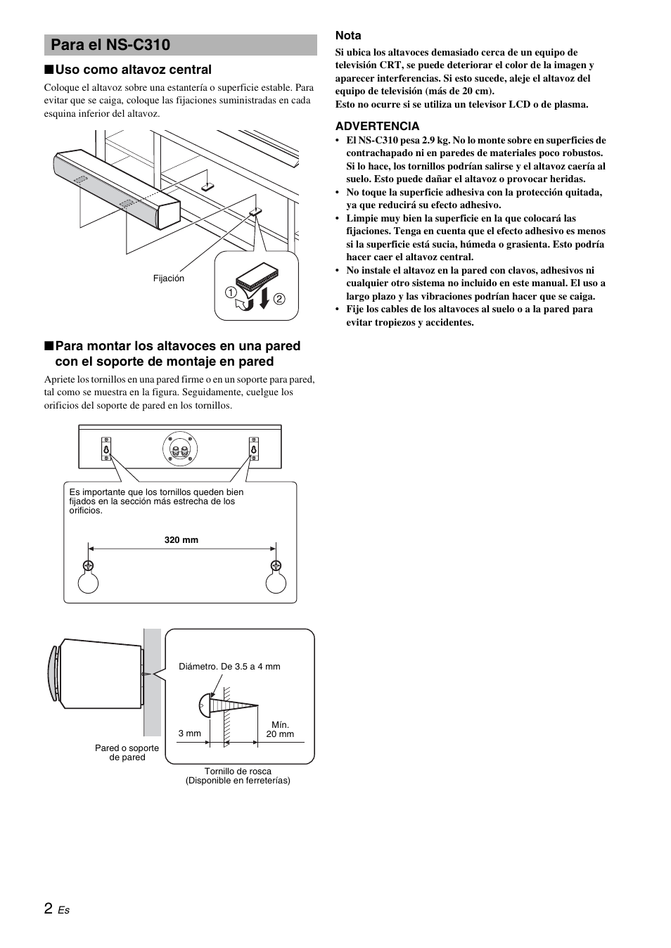 Para el ns-c310, Uso como altavoz central | Yamaha NS-B310 User Manual | Page 22 / 36