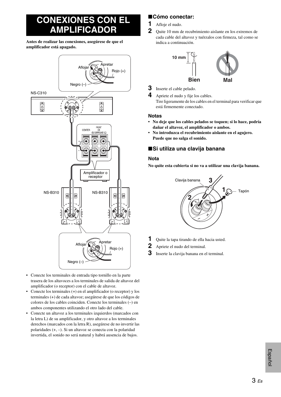 Conexiones con el amplificador | Yamaha NS-B310 User Manual | Page 23 / 36