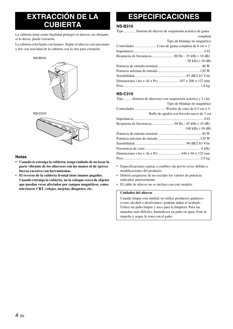 Extracción de la cubierta, Especificaciones | Yamaha NS-B310 User Manual | Page 24 / 36