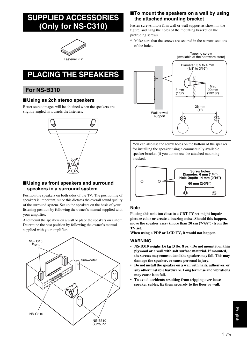 Supplied accessories (only for ns-c310), Placing the speakers, For ns-b310 | Yamaha NS-B310 User Manual | Page 3 / 36