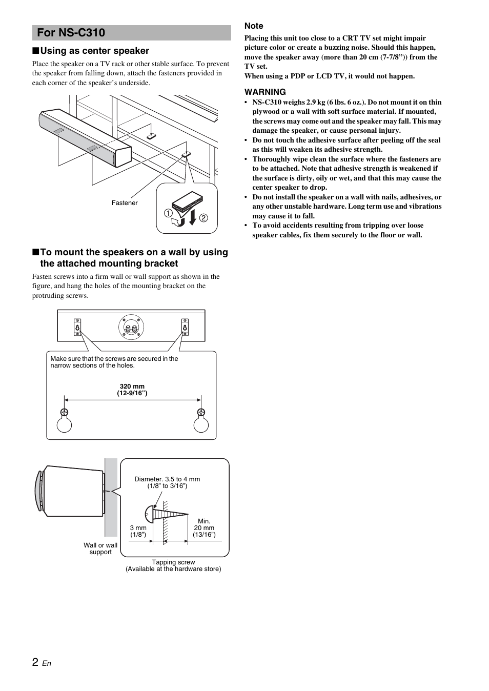 For ns-c310, Using as center speaker | Yamaha NS-B310 User Manual | Page 4 / 36