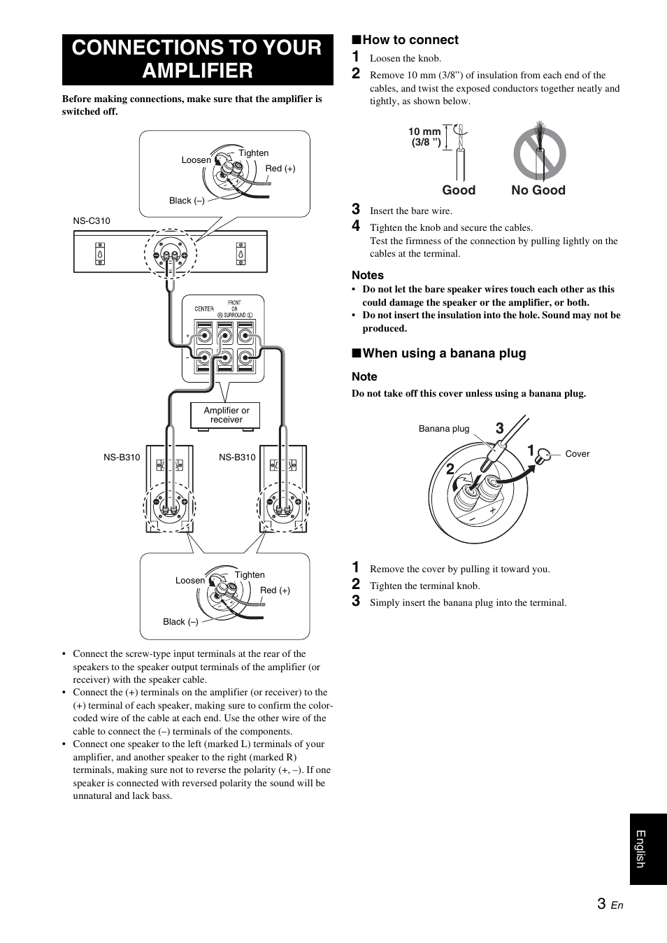 Connections to your amplifier | Yamaha NS-B310 User Manual | Page 5 / 36