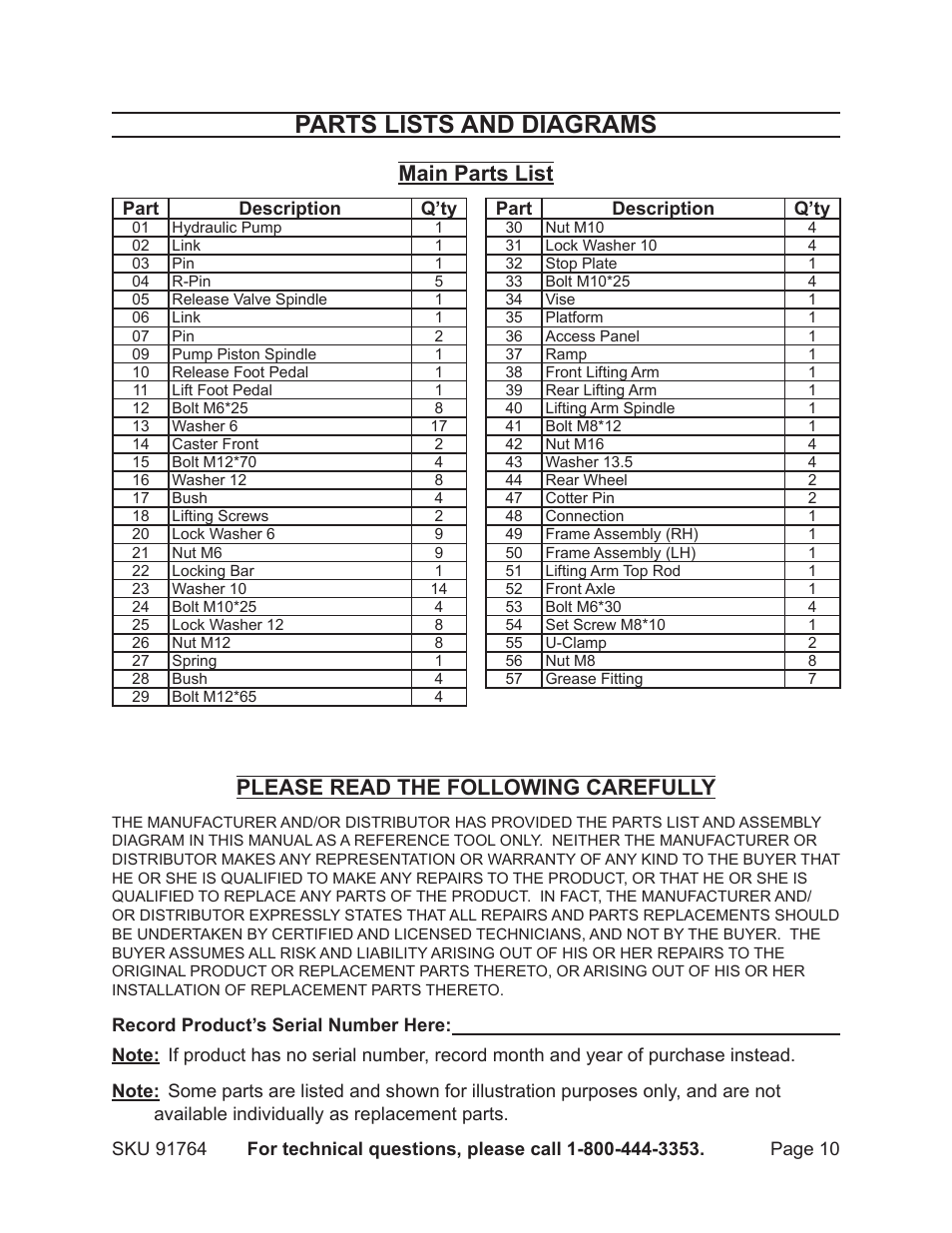 Parts lists and diagrams, Main parts list, Please read the following carefully | Harbor Freight Tools 91764 User Manual | Page 10 / 12