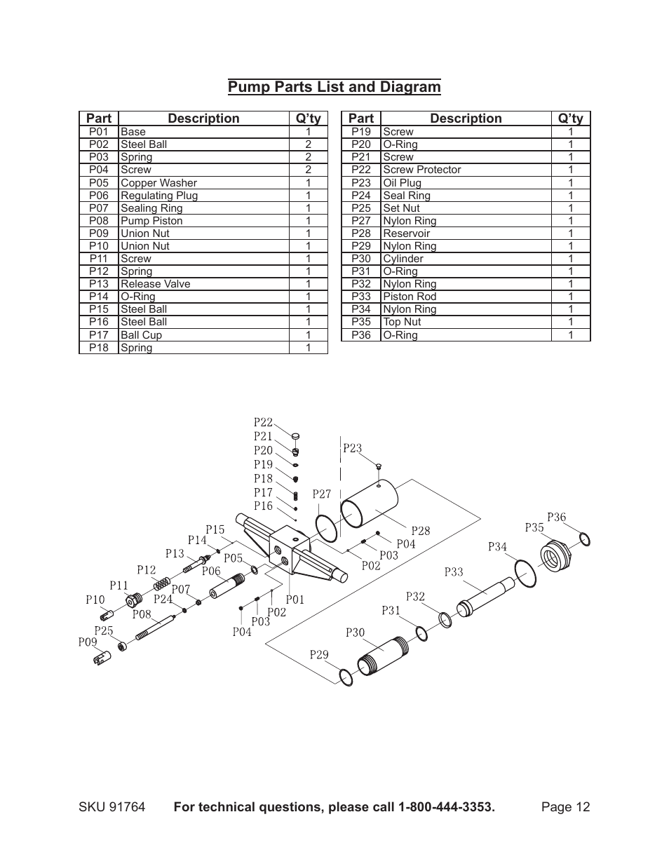 Pump parts list and diagram | Harbor Freight Tools 91764 User Manual | Page 12 / 12