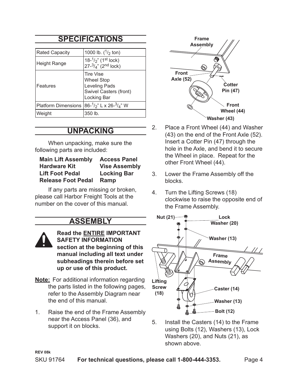 Specifications, Unpacking, Assembly | Harbor Freight Tools 91764 User Manual | Page 4 / 12