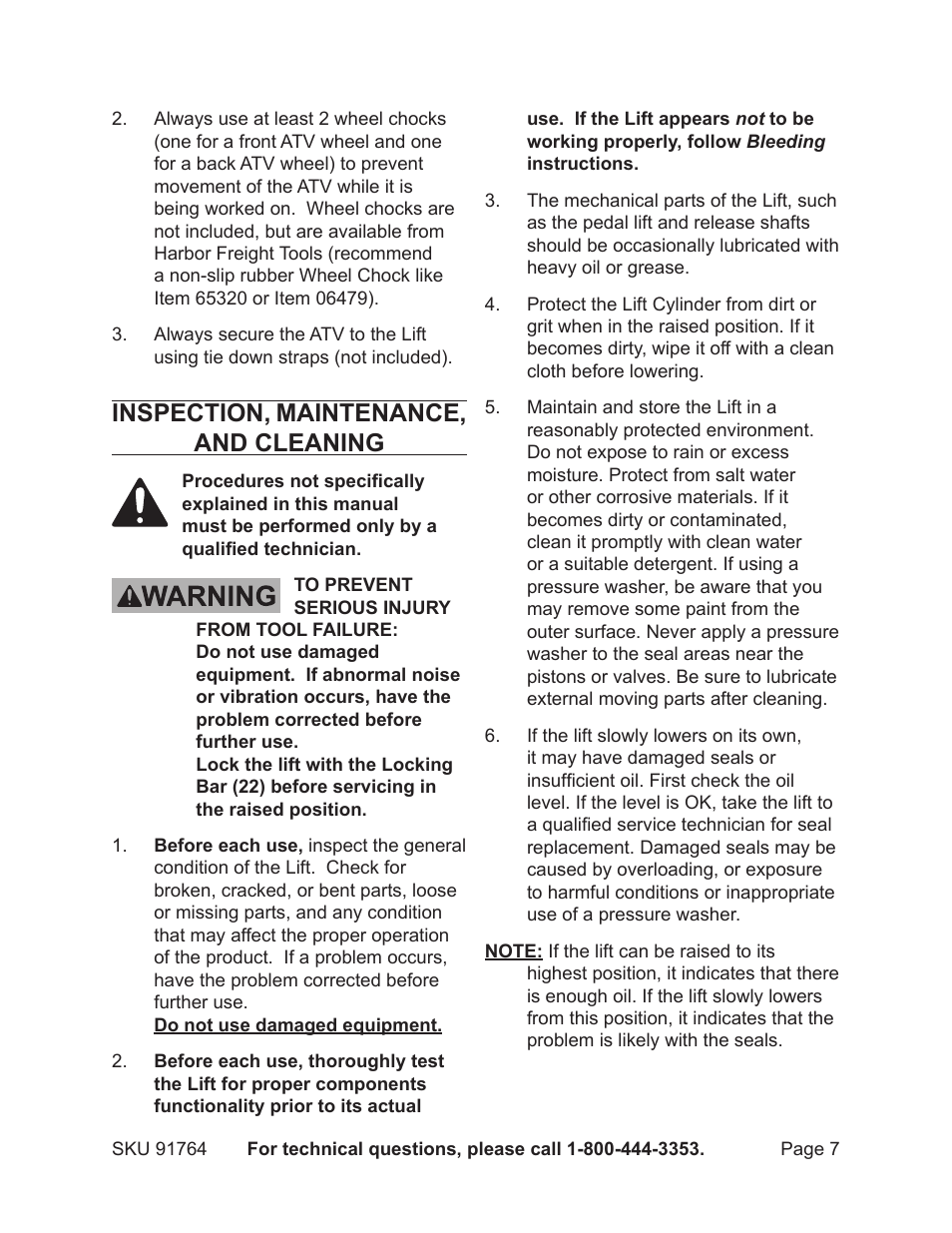 Inspection, maintenance, and cleaning | Harbor Freight Tools 91764 User Manual | Page 7 / 12