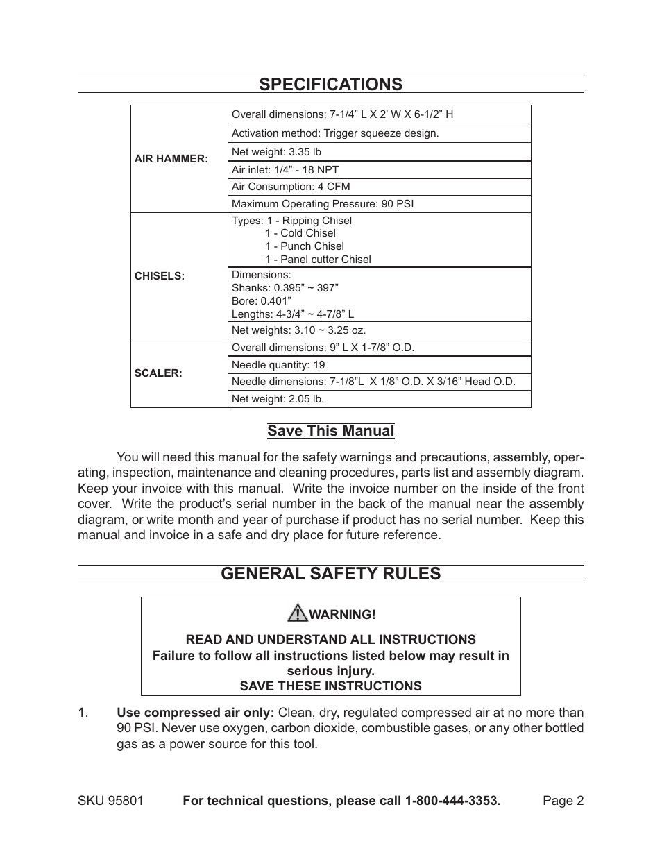 Specifications, General safety rules, Save this manual | Harbor Freight Tools 95801 User Manual | Page 2 / 12