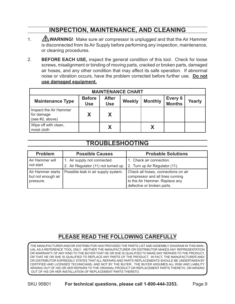 Inspection, maintenance, and cleaning, Troubleshooting, Please read the following carefully | Harbor Freight Tools 95801 User Manual | Page 9 / 12