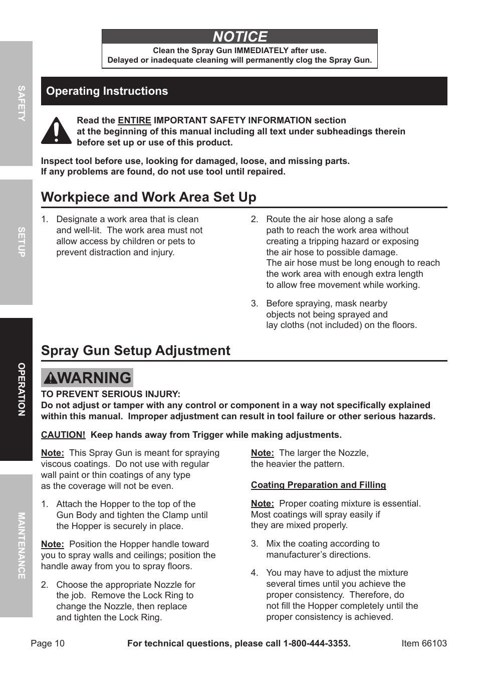 Notice, Workpiece and work area set up, Spray gun setup adjustment | Operating instructions | Harbor Freight Tools 66103 User Manual | Page 10 / 16