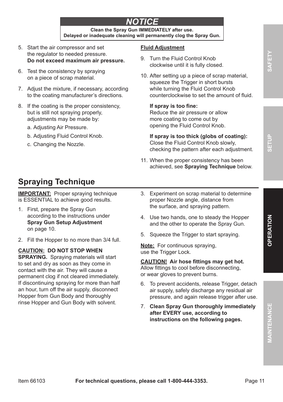 Notice, Spraying technique | Harbor Freight Tools 66103 User Manual | Page 11 / 16