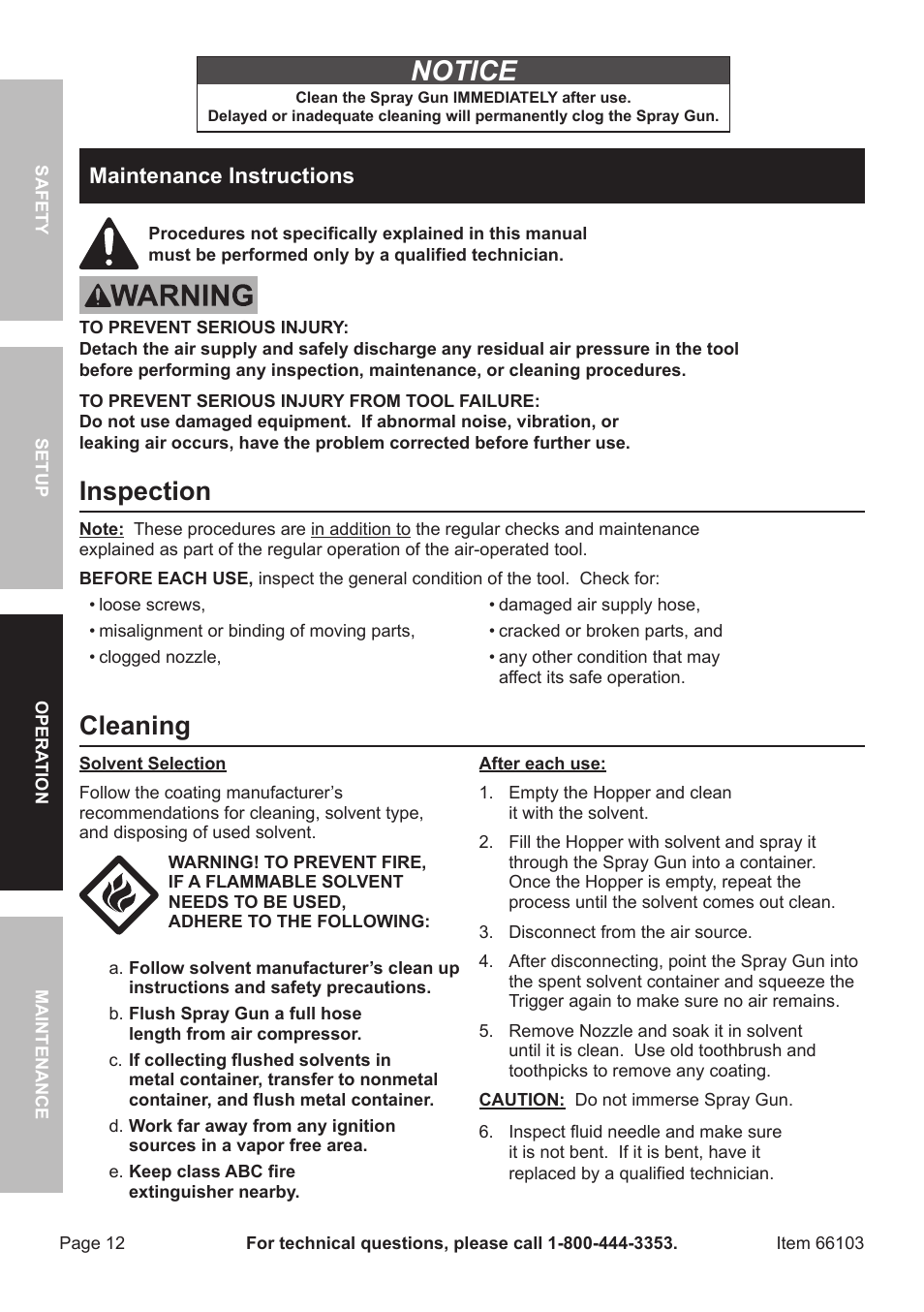 Notice, Inspection, Cleaning | Maintenance instructions | Harbor Freight Tools 66103 User Manual | Page 12 / 16