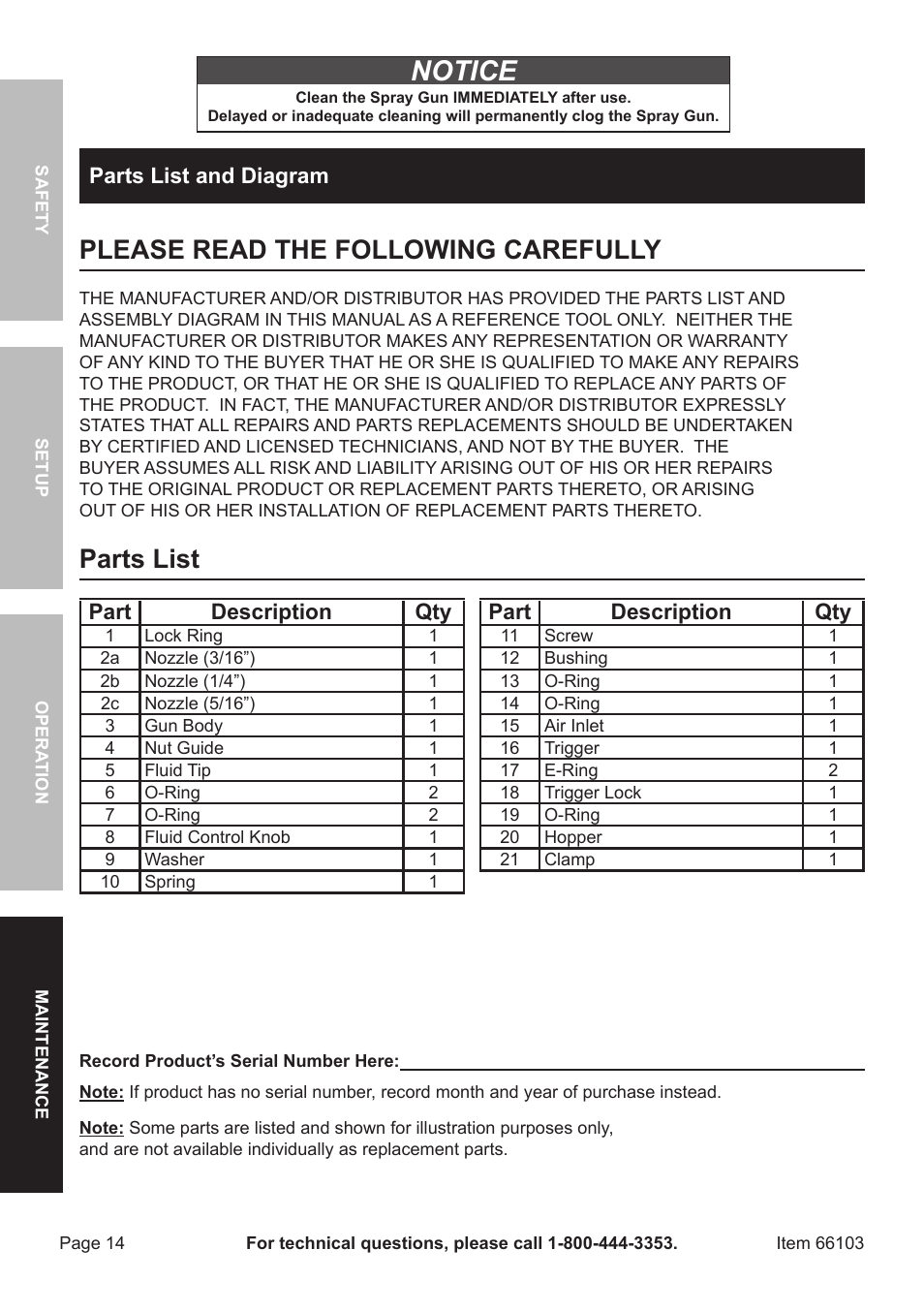 Notice, Please read the following carefully, Parts list | Parts list and diagram, Part description qty | Harbor Freight Tools 66103 User Manual | Page 14 / 16