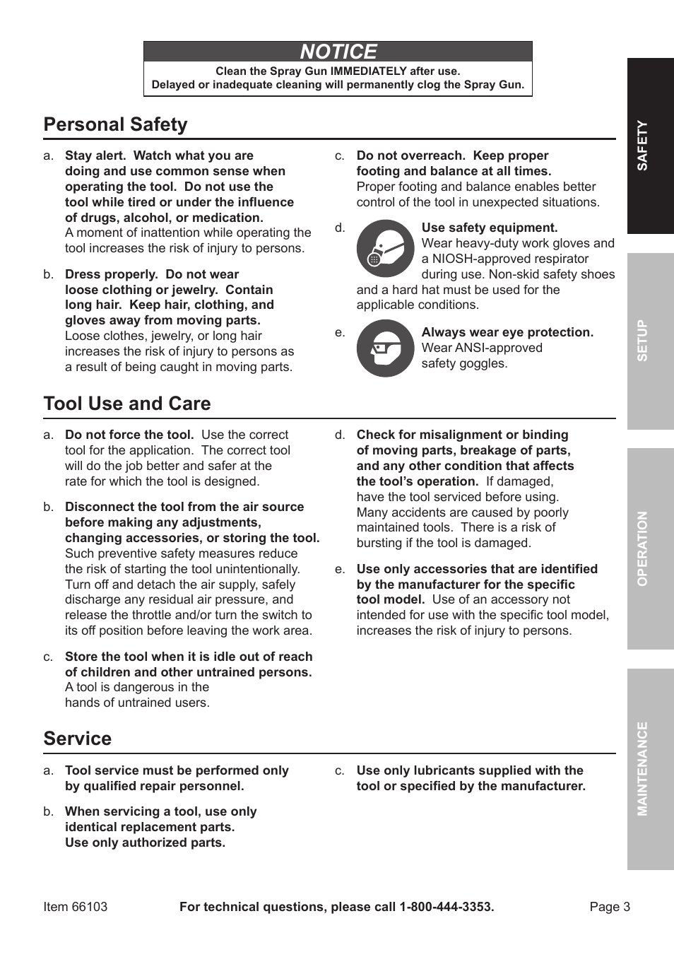 Notice, Personal safety, Tool use and care | Service | Harbor Freight Tools 66103 User Manual | Page 3 / 16