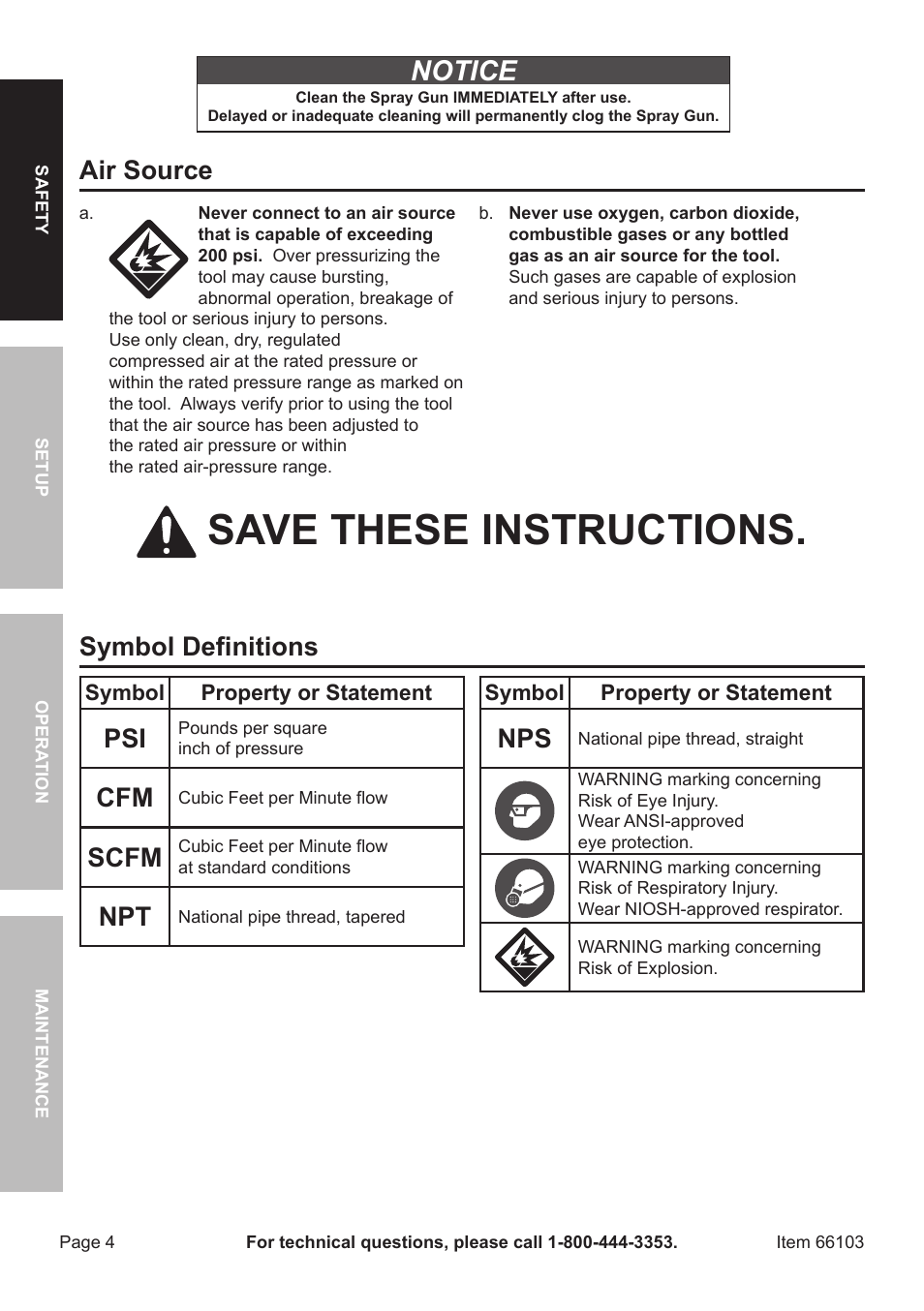 Save these instructions, Notice, Air source | Symbol definitions, Scfm | Harbor Freight Tools 66103 User Manual | Page 4 / 16