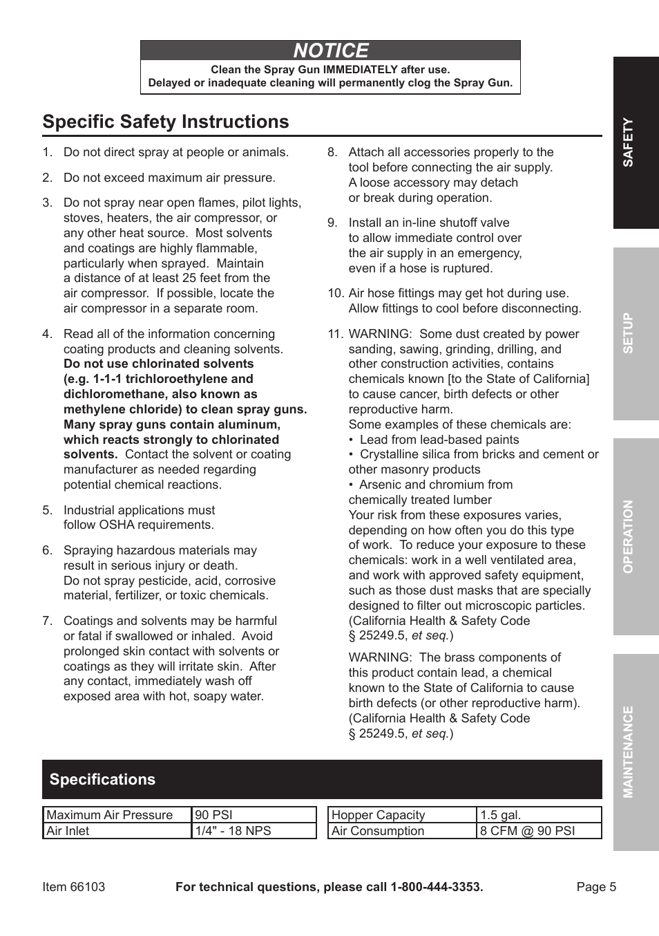 Notice, Specific safety instructions, Specifications | Harbor Freight Tools 66103 User Manual | Page 5 / 16