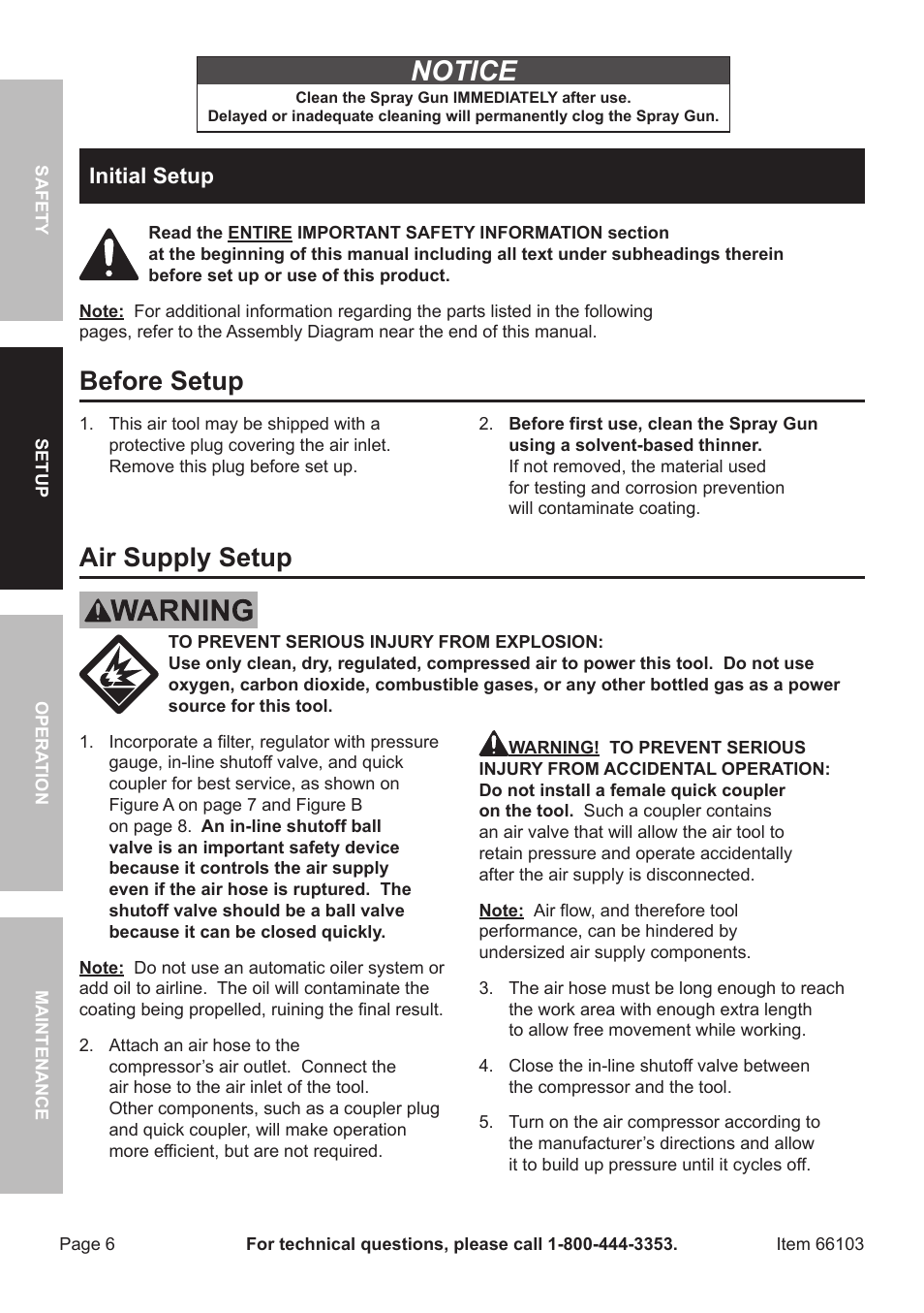 Notice, Before setup, Air supply setup | Initial setup | Harbor Freight Tools 66103 User Manual | Page 6 / 16