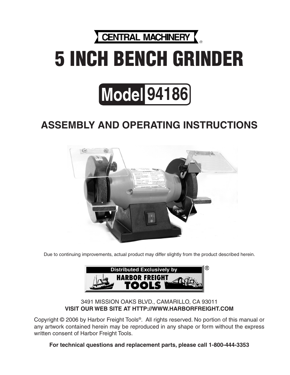 Harbor Freight Tools 5 INCH BENCH GRIDER 94186 User Manual | 14 pages