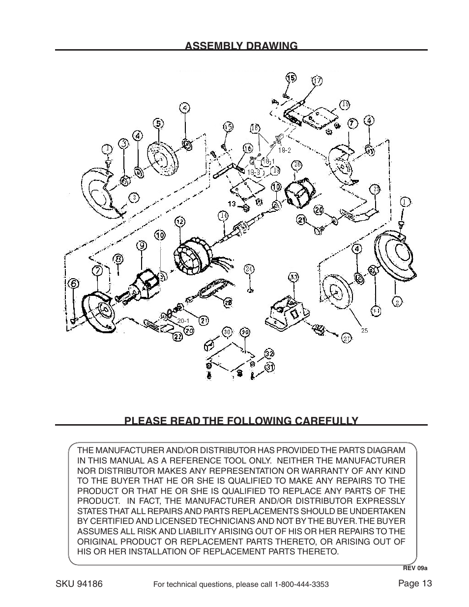 Assembly drawing, Please read the following carefully | Harbor Freight Tools 5 INCH BENCH GRIDER 94186 User Manual | Page 13 / 14