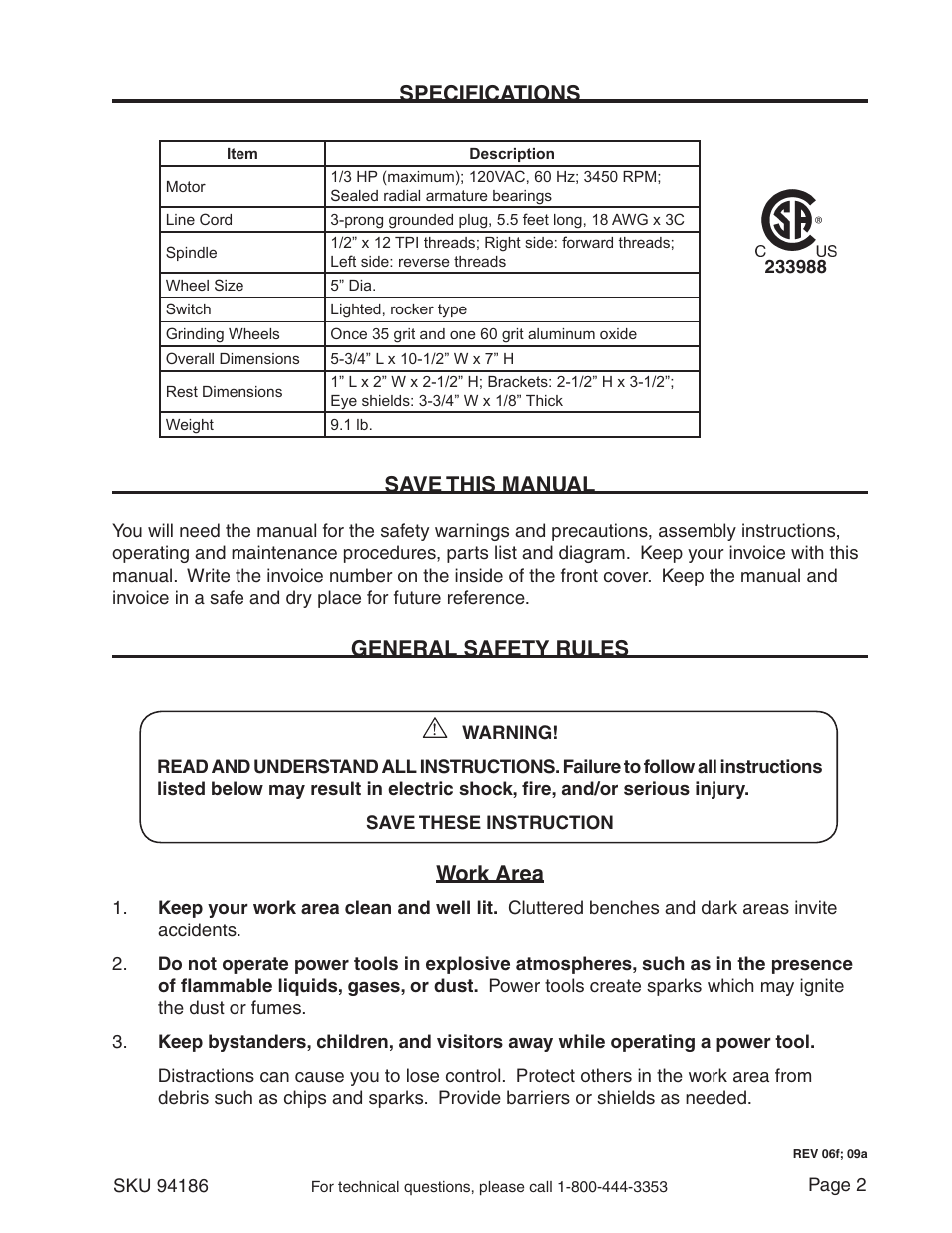 Specifications, Save this manual, General safety rules | Work area | Harbor Freight Tools 5 INCH BENCH GRIDER 94186 User Manual | Page 2 / 14