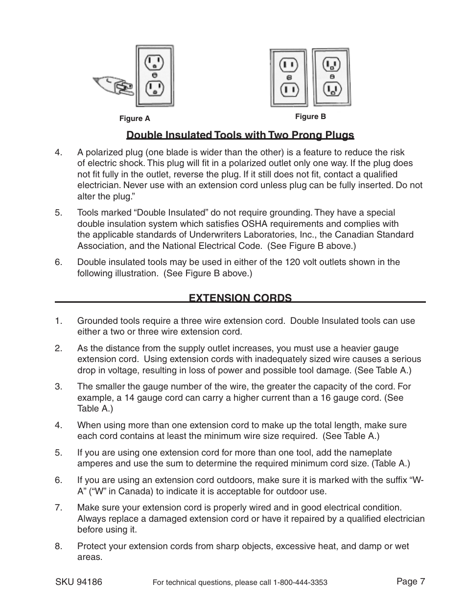 Double insulated tools with two prong plugs, Extension cords | Harbor Freight Tools 5 INCH BENCH GRIDER 94186 User Manual | Page 7 / 14