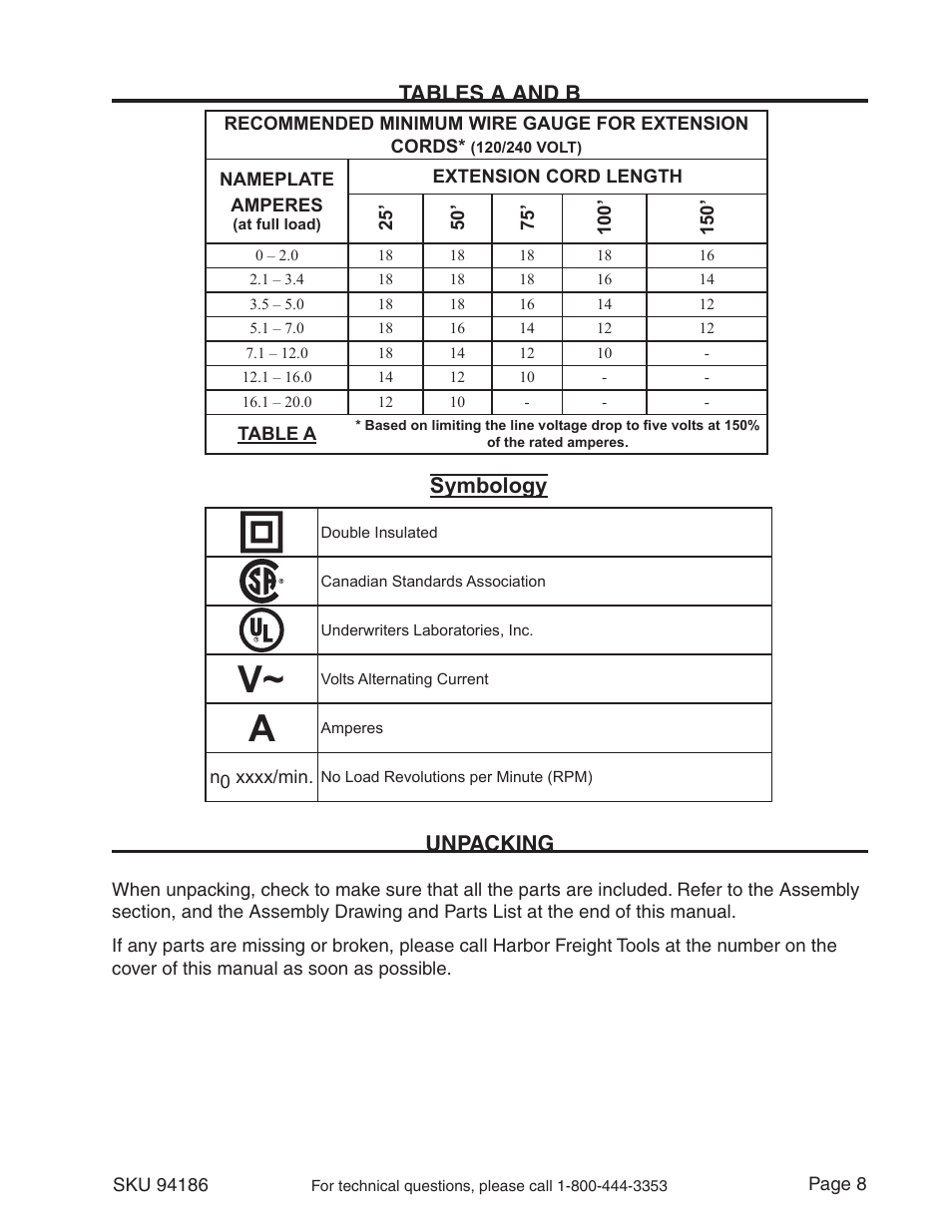 Tables a and b, Unpacking, Symbology | Nameplate amperes, Table a | Harbor Freight Tools 5 INCH BENCH GRIDER 94186 User Manual | Page 8 / 14