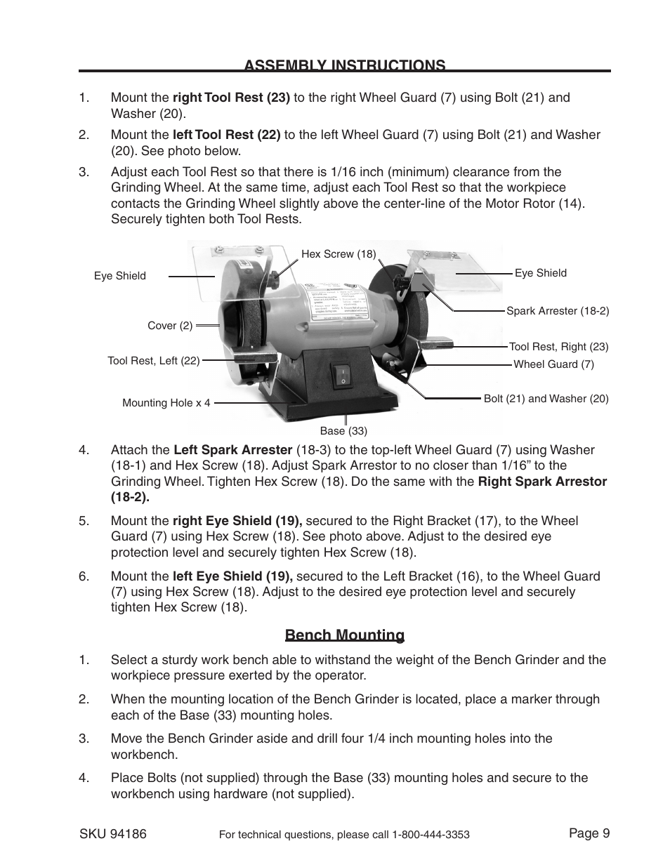 Assembly instructions, Bench mounting | Harbor Freight Tools 5 INCH BENCH GRIDER 94186 User Manual | Page 9 / 14