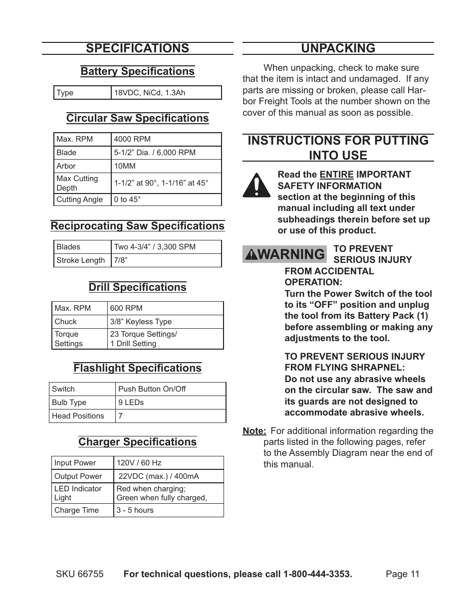 Specifications, Unpacking, Instructions for putting into use | Battery specifications, Circular saw specifications, Reciprocating saw specifications, Drill specifications, Flashlight specifications, Charger specifications | Harbor Freight Tools Power Tool Set 66755 User Manual | Page 11 / 30