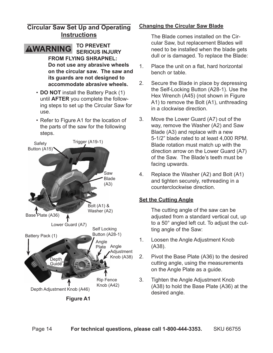 Circular saw set up and operating instructions | Harbor Freight Tools Power Tool Set 66755 User Manual | Page 14 / 30