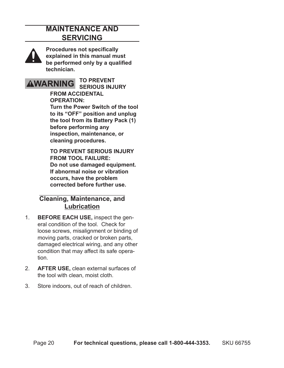 Maintenance and servicing | Harbor Freight Tools Power Tool Set 66755 User Manual | Page 20 / 30