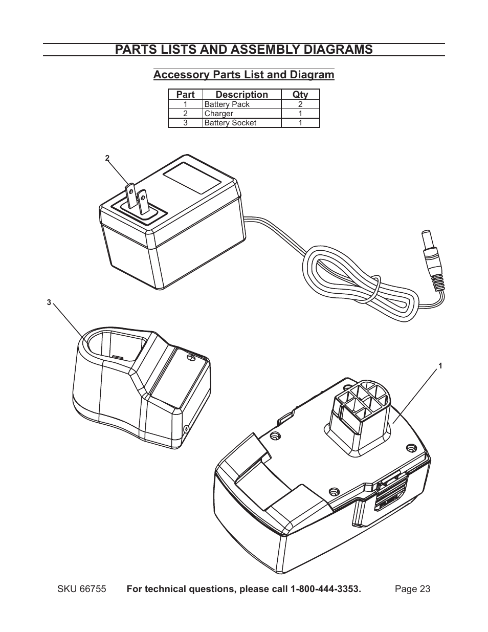 Parts lists and assembly diagrams, Accessory parts list and diagram | Harbor Freight Tools Power Tool Set 66755 User Manual | Page 23 / 30