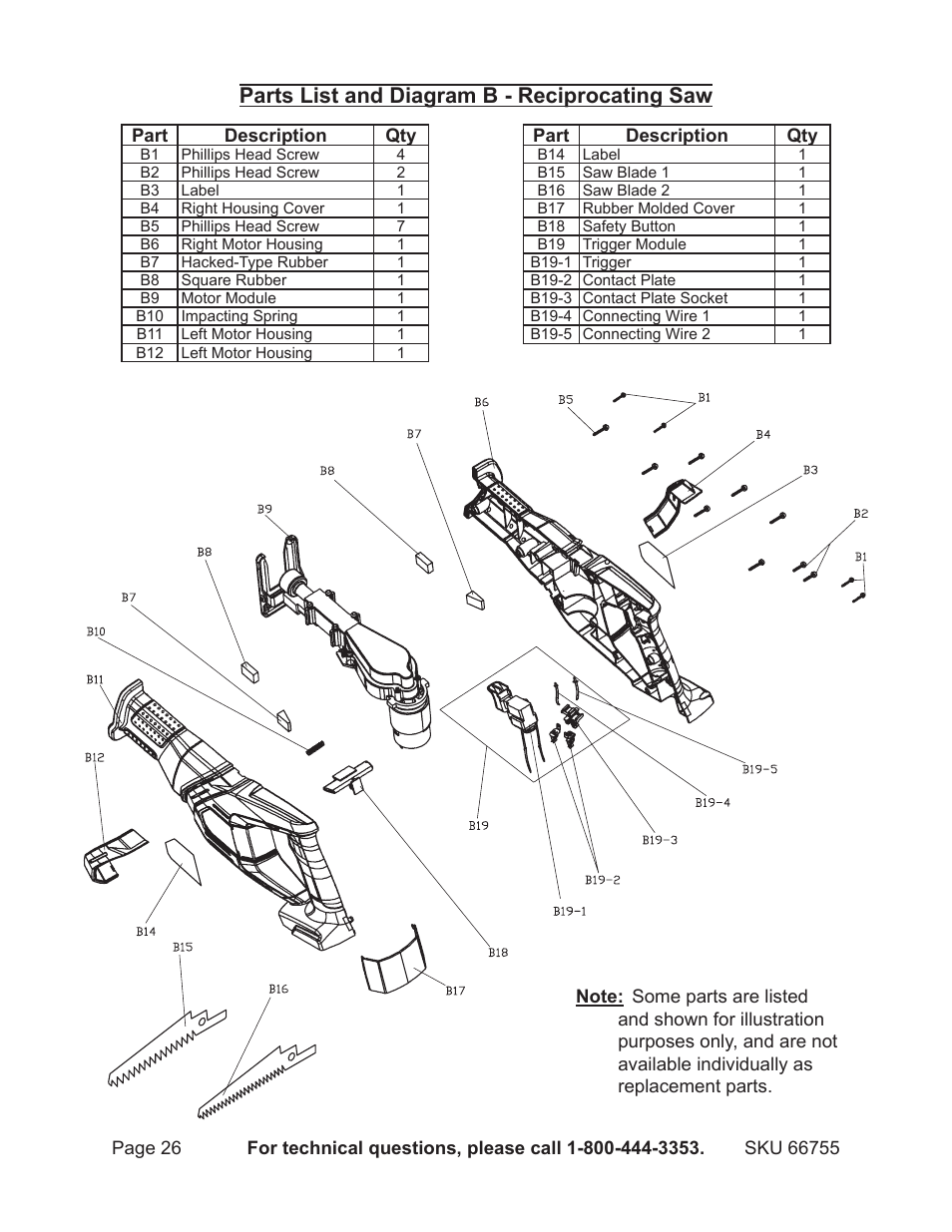 Parts list and diagram b - reciprocating saw | Harbor Freight Tools Power Tool Set 66755 User Manual | Page 26 / 30