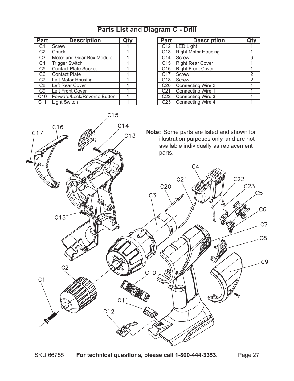 Parts list and diagram c - drill | Harbor Freight Tools Power Tool Set 66755 User Manual | Page 27 / 30