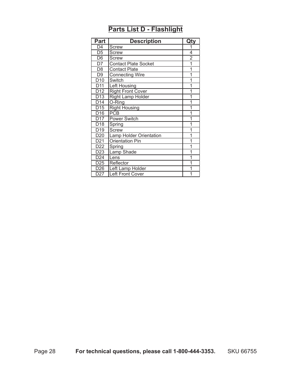 Parts list d - flashlight | Harbor Freight Tools Power Tool Set 66755 User Manual | Page 28 / 30