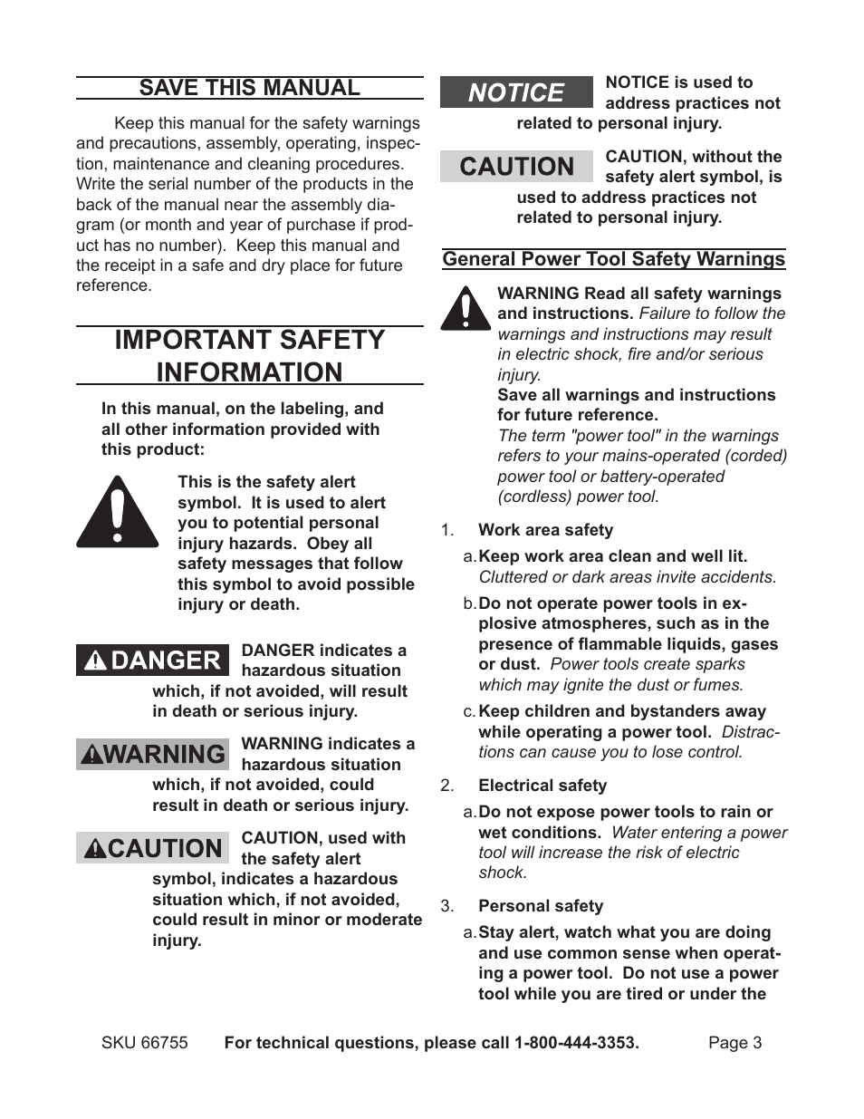 Important safety information, Save this manual | Harbor Freight Tools Power Tool Set 66755 User Manual | Page 3 / 30