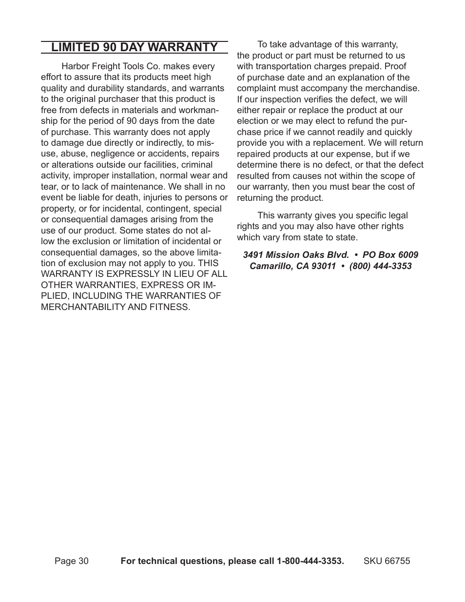 Limited 90 day warranty | Harbor Freight Tools Power Tool Set 66755 User Manual | Page 30 / 30