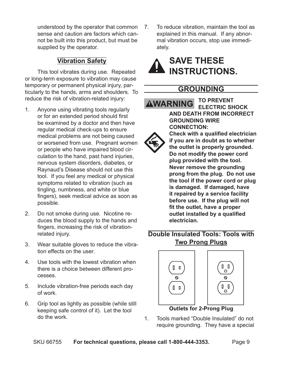 Save these instructions, Grounding | Harbor Freight Tools Power Tool Set 66755 User Manual | Page 9 / 30