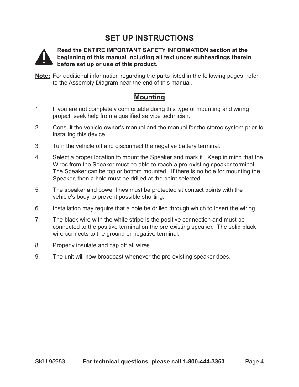 Set up instructions | Harbor Freight Tools ROAD SHOCK 95953 User Manual | Page 4 / 6