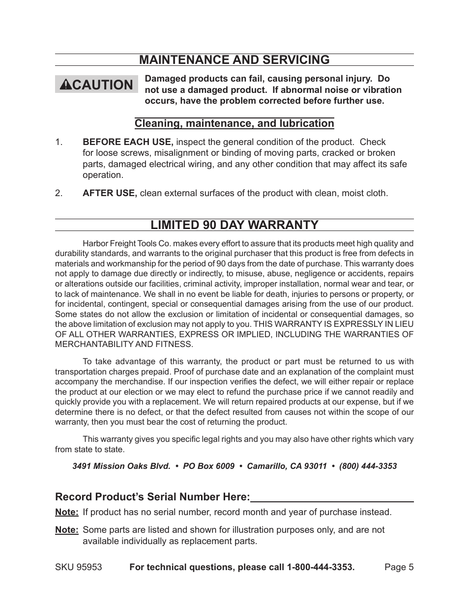Caution, Maintenance and servicing, Limited 90 day warranty | Harbor Freight Tools ROAD SHOCK 95953 User Manual | Page 5 / 6