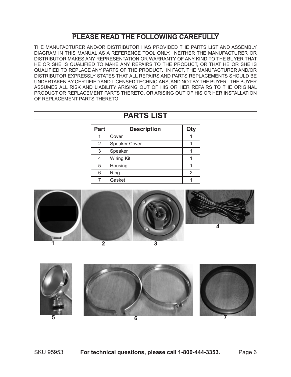 Parts list, Please read the following carefully | Harbor Freight Tools ROAD SHOCK 95953 User Manual | Page 6 / 6