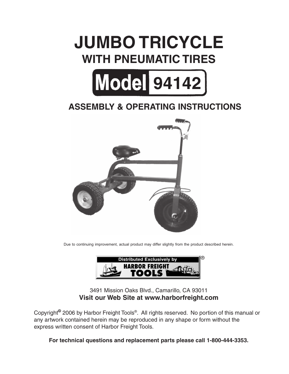 Harbor Freight Tools JUMBO TRICYCLE 94142 User Manual | 6 pages