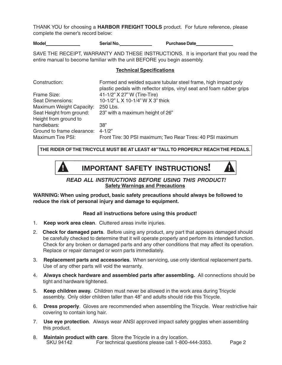 Harbor Freight Tools JUMBO TRICYCLE 94142 User Manual | Page 2 / 6