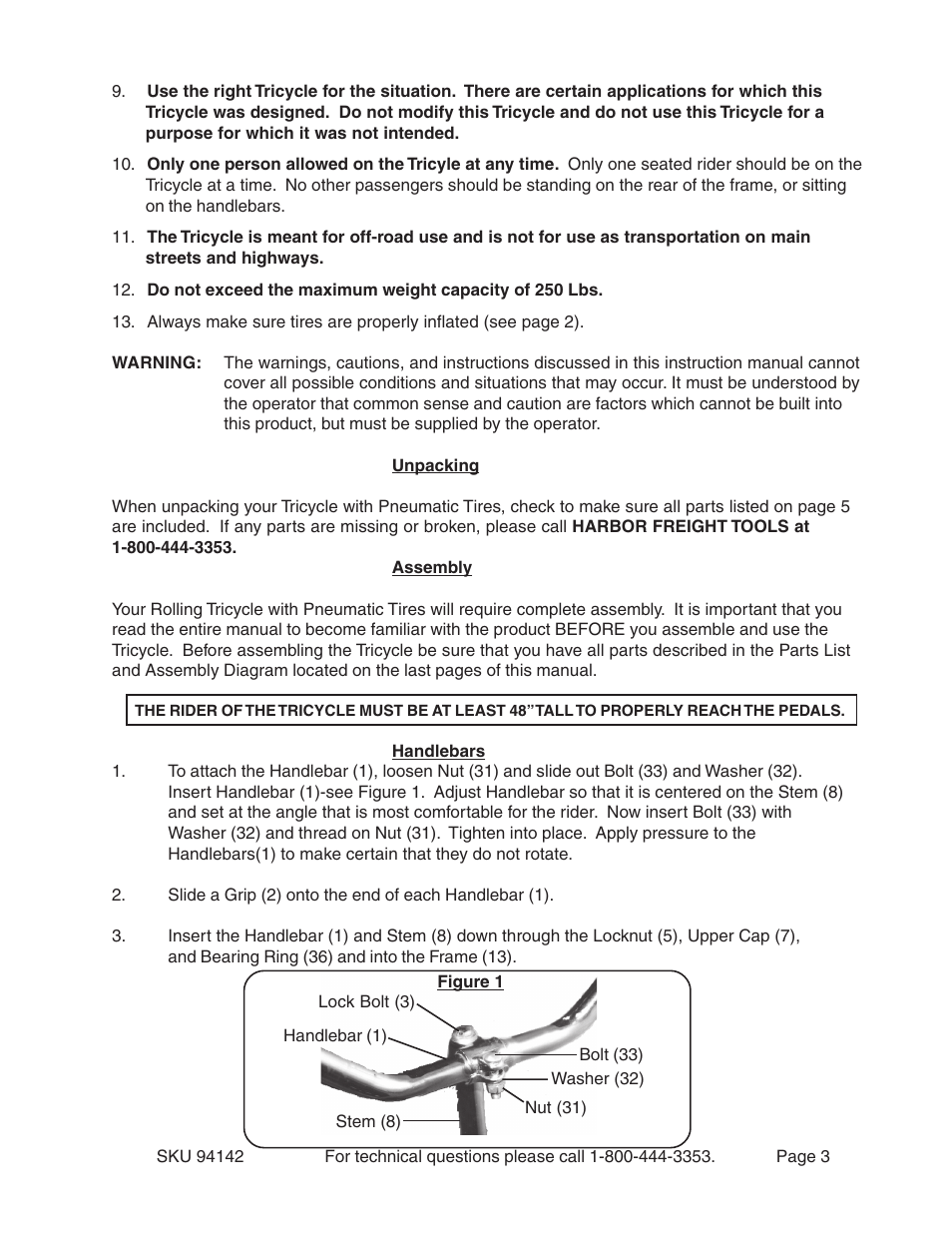 Harbor Freight Tools JUMBO TRICYCLE 94142 User Manual | Page 3 / 6