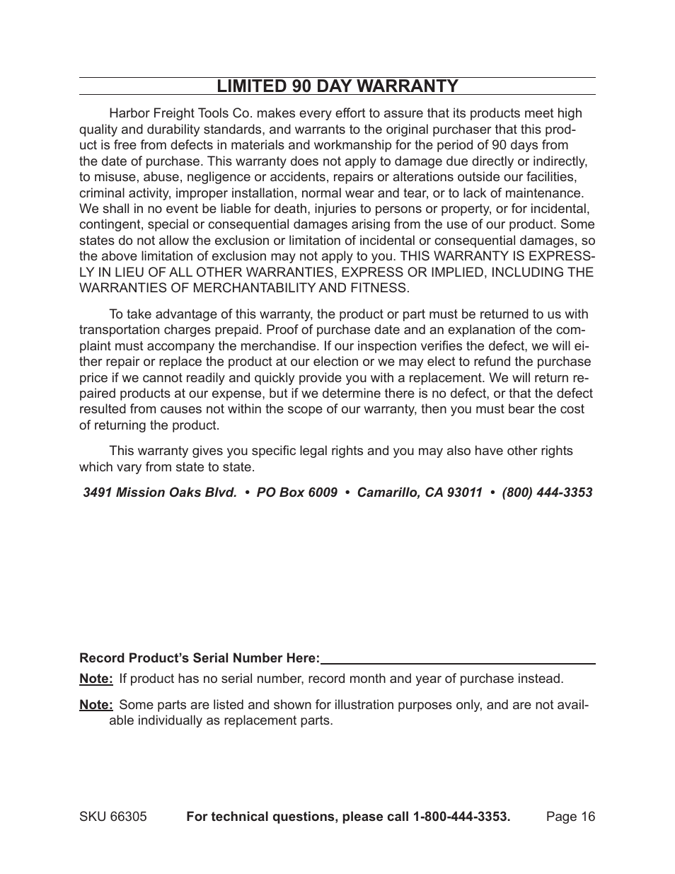 Limited 90 day warranty | Harbor Freight Tools 66305 User Manual | Page 16 / 16