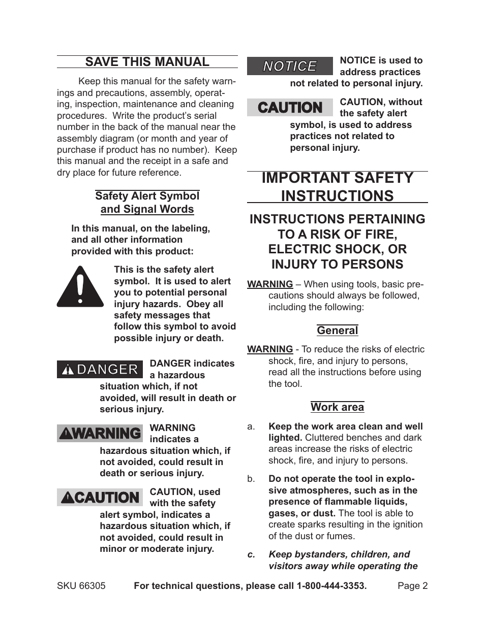 Important safety instructions, Save this manual | Harbor Freight Tools 66305 User Manual | Page 2 / 16