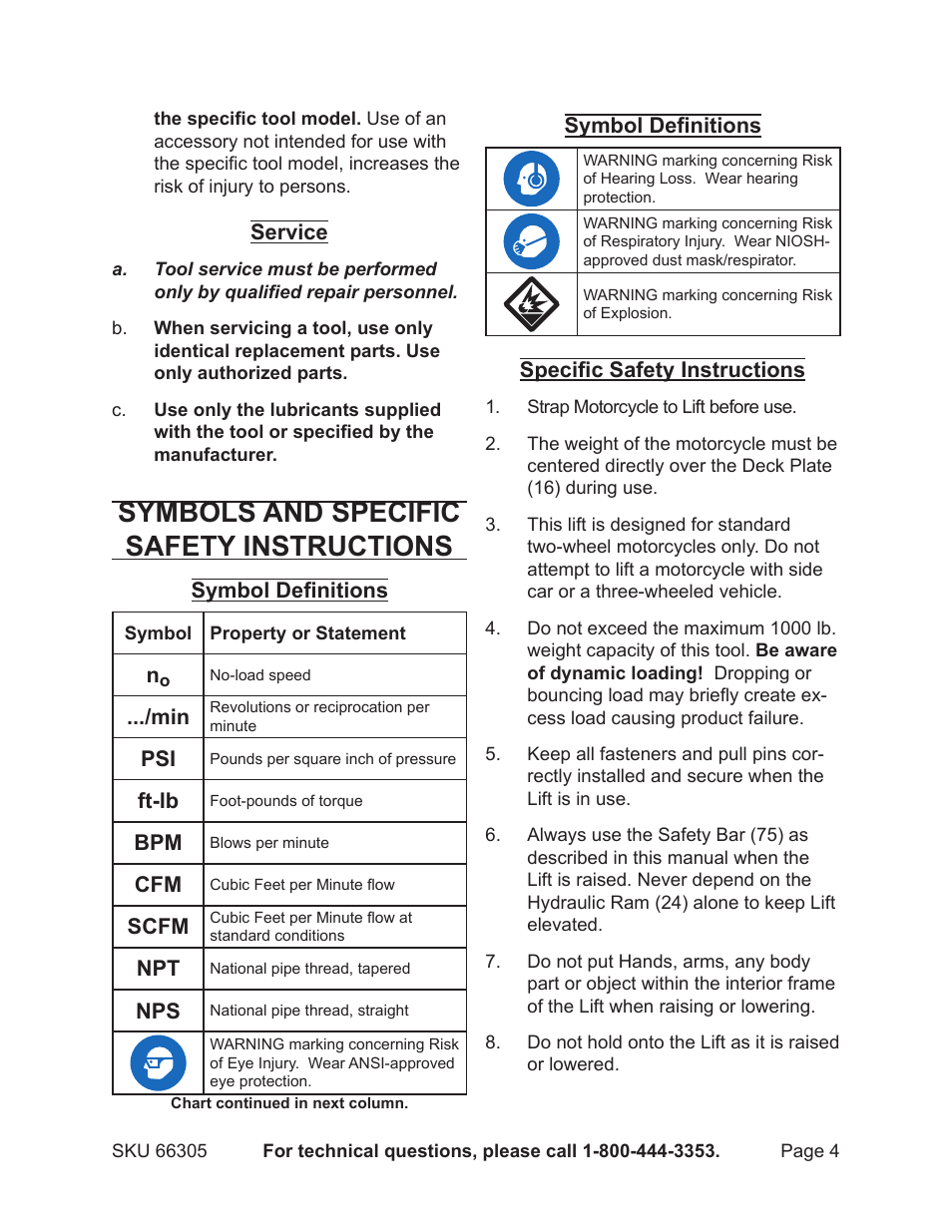 Symbols and specific safety instructions | Harbor Freight Tools 66305 User Manual | Page 4 / 16