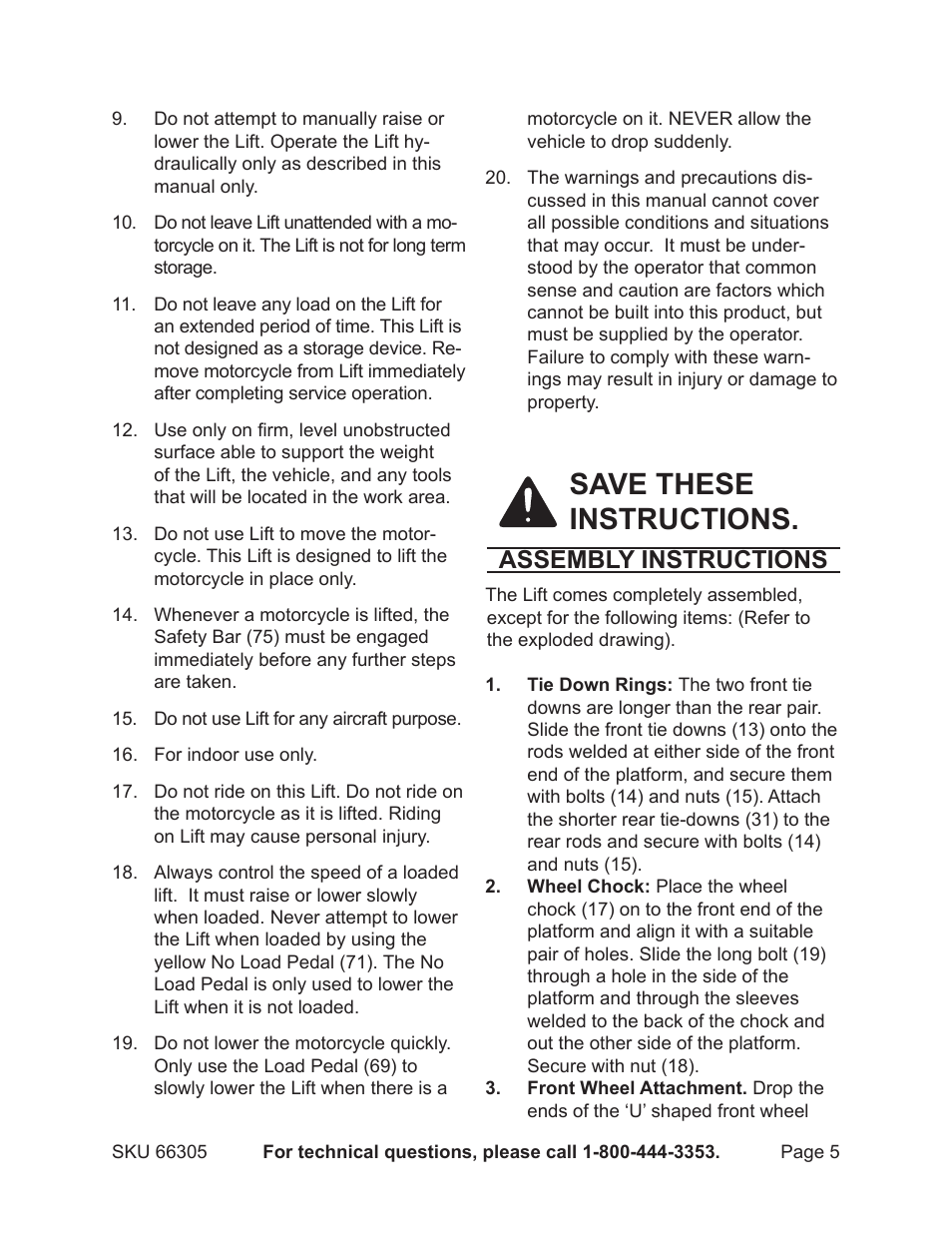 Save these instructions, Assembly instructions | Harbor Freight Tools 66305 User Manual | Page 5 / 16