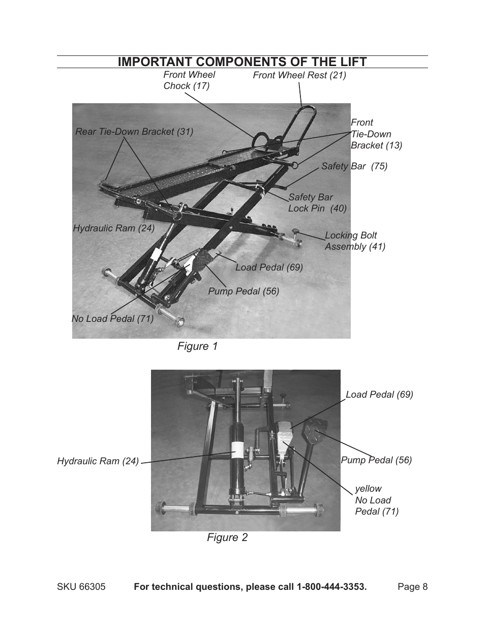 Important components of the lift | Harbor Freight Tools 66305 User Manual | Page 8 / 16