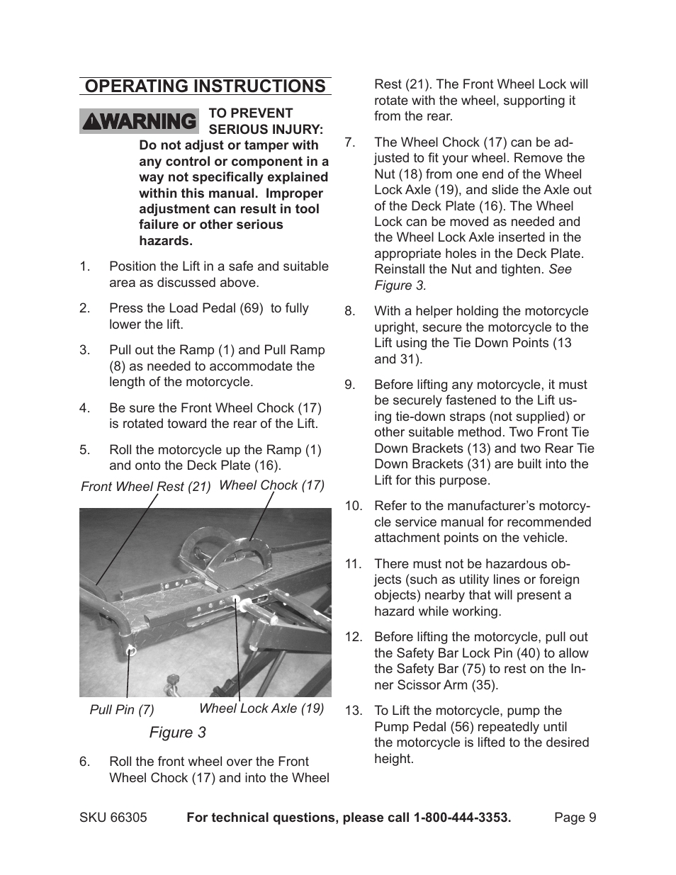 Operating instructions | Harbor Freight Tools 66305 User Manual | Page 9 / 16